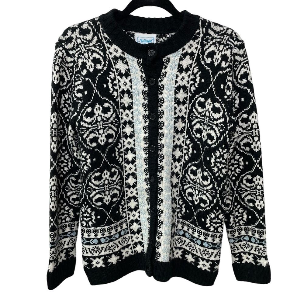 Vintage National Fair Isle Sweater Button Front Cardigan Black White Womens Sz S